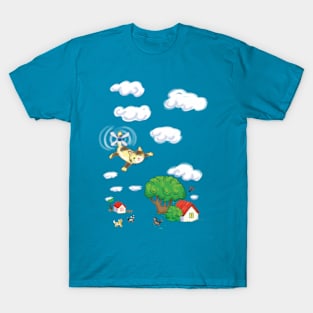 cartoon flying cat over houses T-Shirt